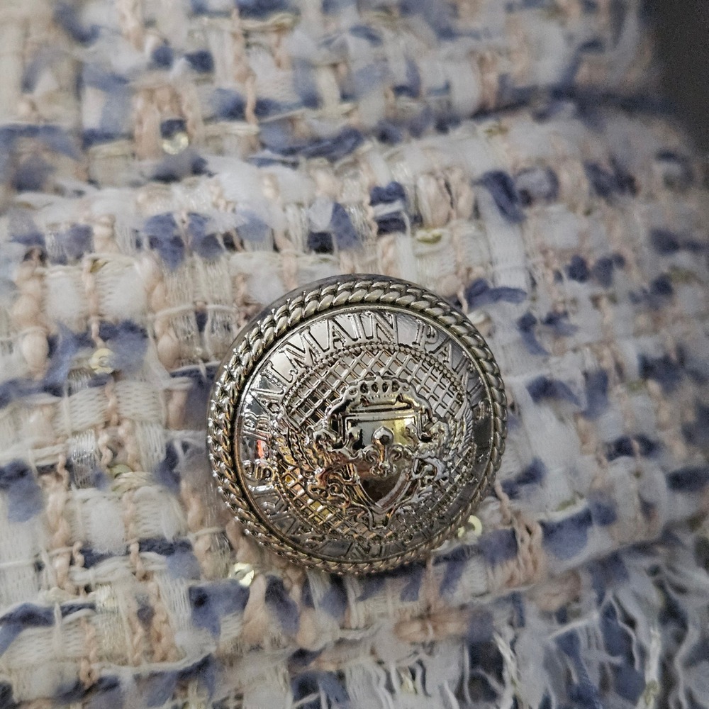 Balmain Tweed Jacket Womens M Blue Fringed Sequin Glam Designer Belt Luxury Boho - Picture 9 of 16